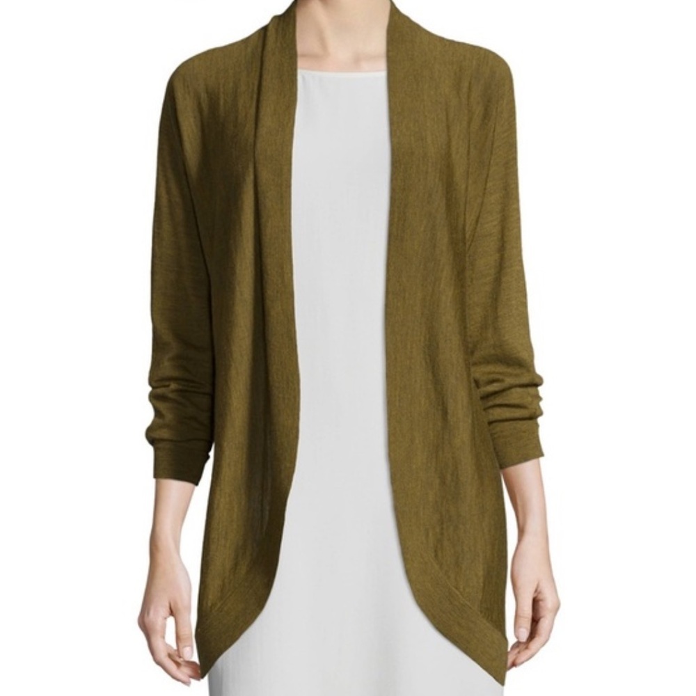 Eileen fisher sweater cardigan open front 100% merino wool olive green women’s M